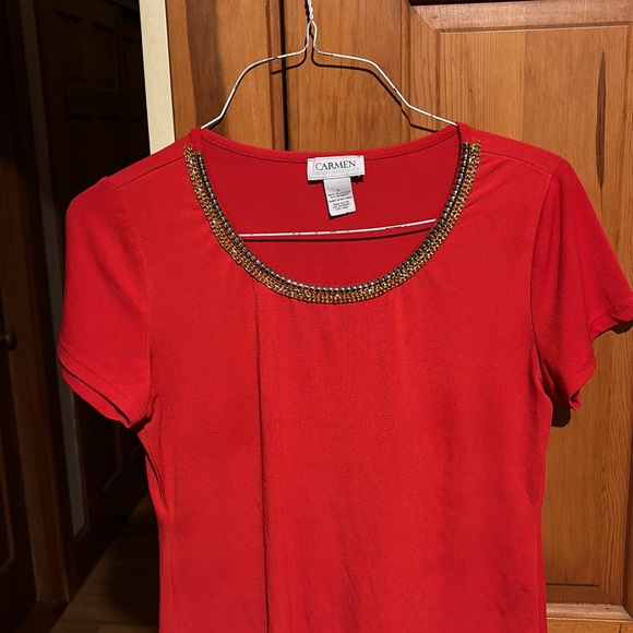Carmen Marc Valvo Holiday Red Short Sleeve Blouse Christmas SzL - Picture 2 of 7
